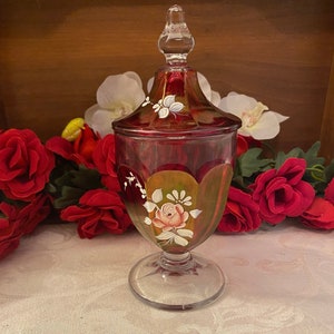 Hand Painted Red Glass Lidded Jar