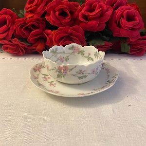 Theodore Haviland Limoges France Pink Floral Ramekin and Saucer
