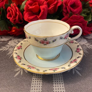 Aynsley Baby Blue and Roses Teacup and Saucer