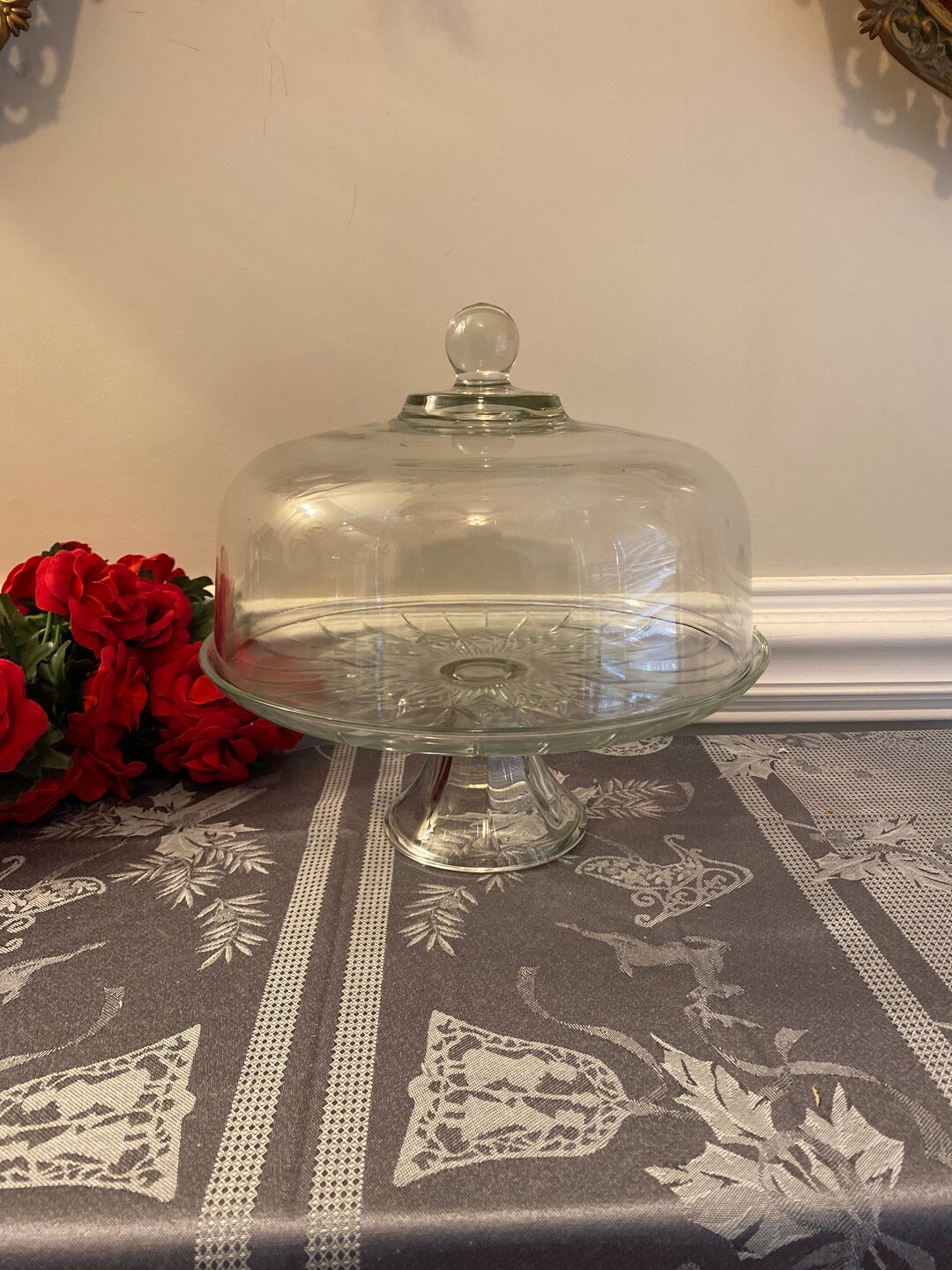 Vintage Pedestal Glass Cake Stand With Clear Dome Etsy