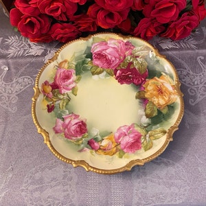 George Borgfeldt Coronet Limoges Artist Signed Plate with Rose and Raised Gold Bead Edging/ Vintage Limoges / Limoges France / French Decor