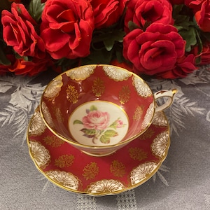 Vintage Paragon Bone China Teacup and Saucer: Burgundy Red, Gold Filigree