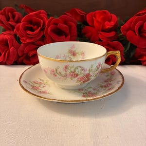 Jean Pouyat JP Limoges France Pink Pastel Floral Teacup and Saucer