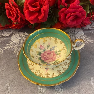 Aynsley Teacup and Saucer Green Cabbage Rose