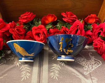 Set of 2 Cobalt Blue and Gold Rice Bowls