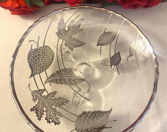Clear Glass Footed Plate with Silver Leaf Decor