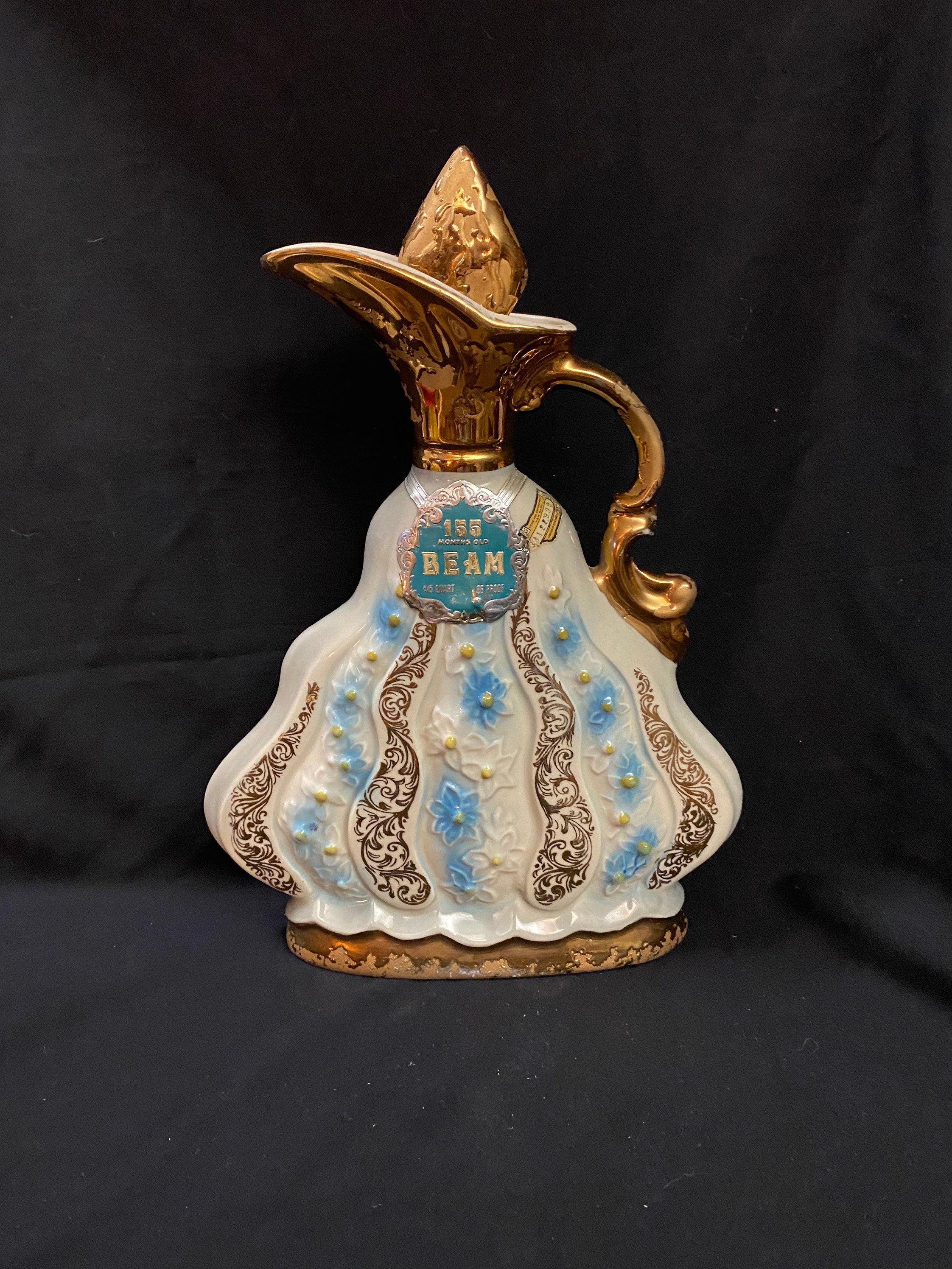 1970 Jim Beam Decanter - Blue, White, Gold Regal China Wavy 