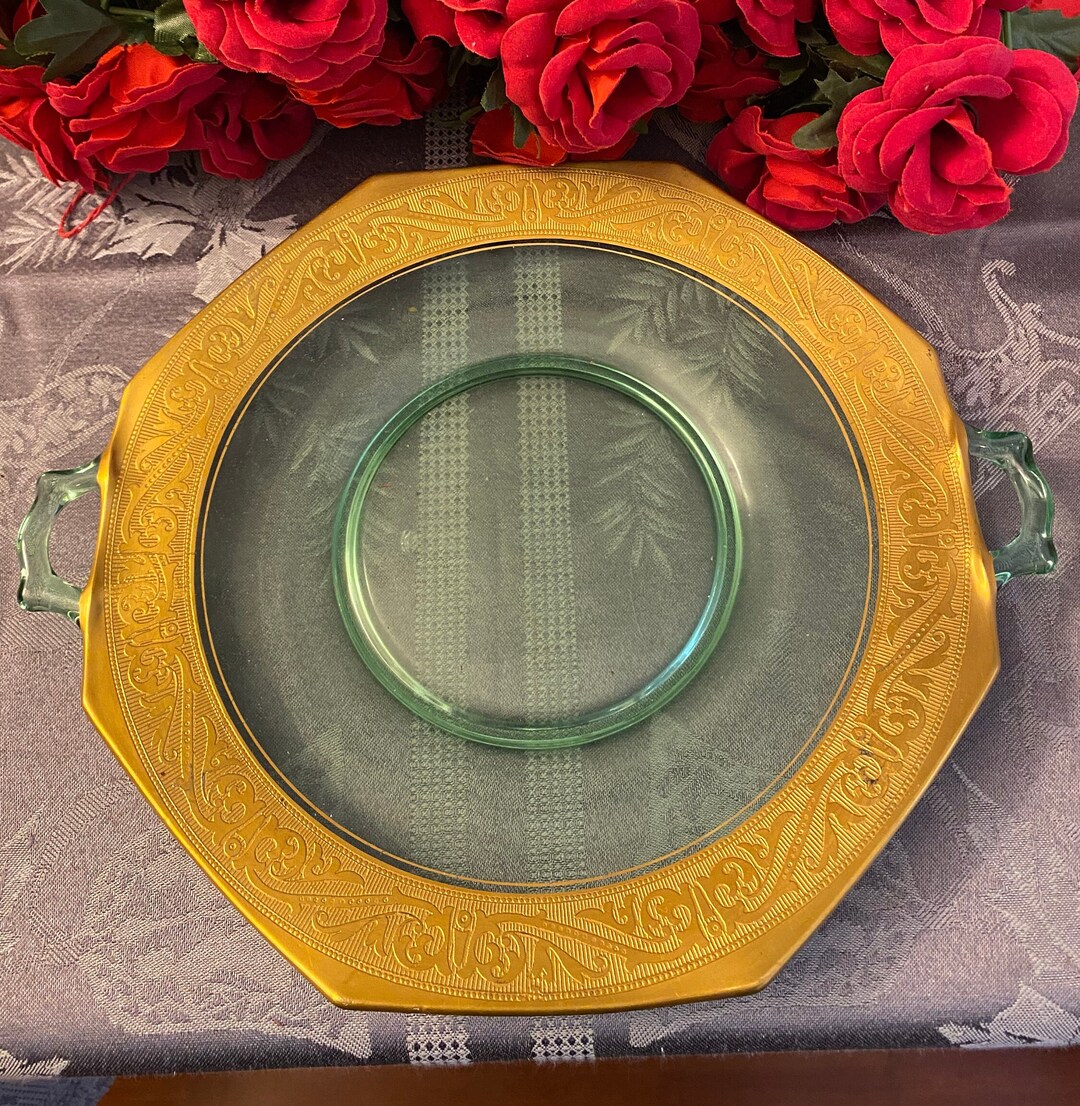 Uranium Glass Cake Plate With Gold Edges Etsy Il 1080xN.5655210621 Dt7j