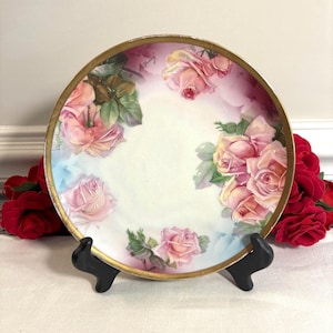 Ernst Wallace Turn Austria Hand Painted Coral Roses Plate, Artist signed
