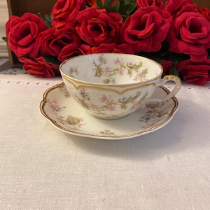 Theodore Haviland Limoges France Pastel Floral Teacup and Saucer / Vintage Limoges / French Tableware / Limoges Bone China