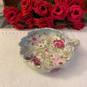 Hand Painted Nippon Pink Rose and Gold Handle Bowl
