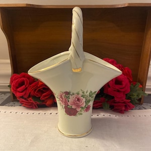Vintage Handheld Porcelain Basket with Roses 7x9”