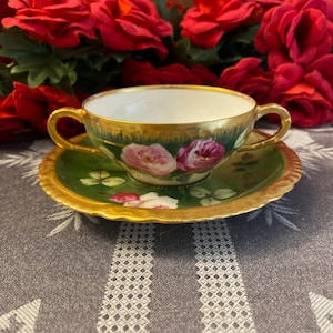 Haviland Limoges France Green, Gold and Rose Bouillon Cup and Saucer