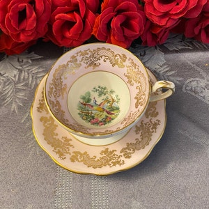 Foley Blush and Gold Bird of Paradise Teacup and Saucer Set