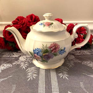 Crown Dorset England Pink and Blue Floral Teapot