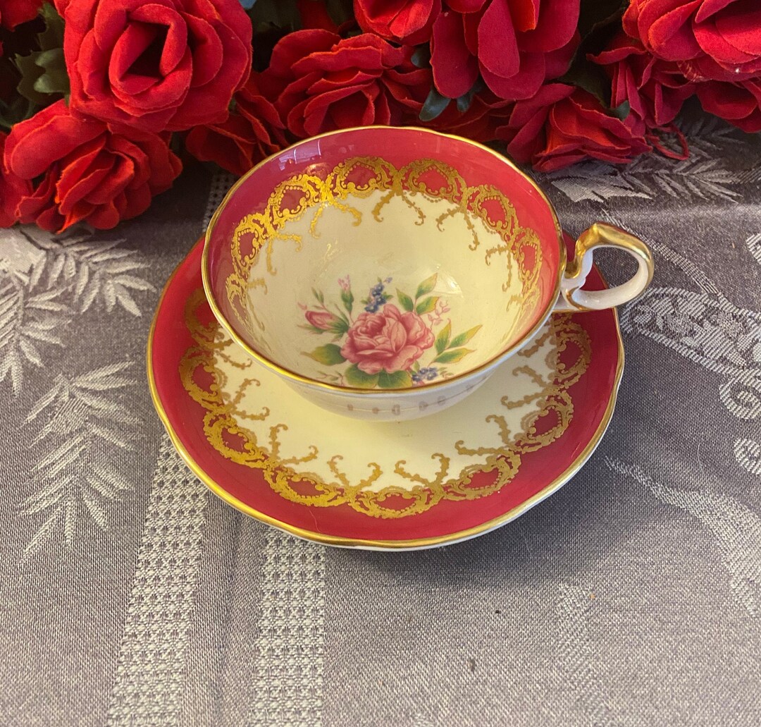 Aynsley Burgundy Rose Teacup and Saucer / Vintage Teacups / Etsy