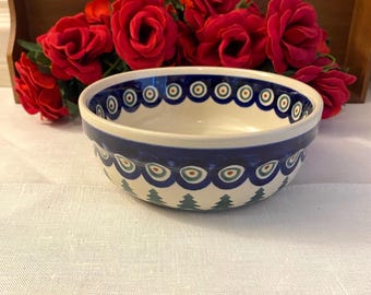 Handmade Polish Manufaktura Boleslawiec Peacock and Pine Trees Bowl