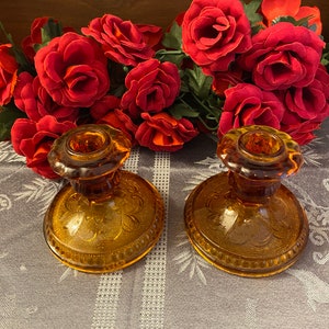 Vintage Amber Indiana Glass Tiara Candlestick Holders