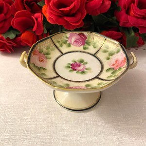 Small Hand Painted Nippon Cobalt, Pink Rose and Gold Compote, Morimura Bros