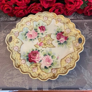Hand Painted Nippon Cabbage Roses with Heavy Gold Gilt and Raised Beading