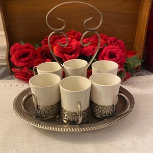Enoch Wedgwood Demi Cups with Holders and Metal Tray