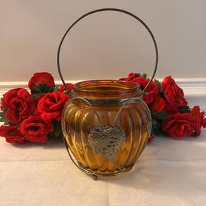 Handled Amber Glass Candle Holder with Metal Accents