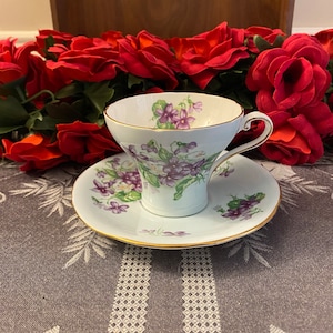 Aynsley Soft Blue and Violets Corset Shape Teacup and Saucer