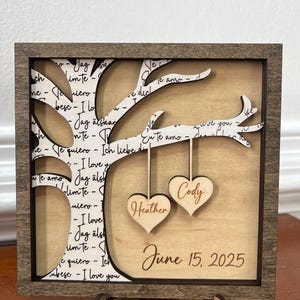 Personalisiertes Paargeschenk, Hochzeitsgeschenk, Jubiläumsgeschenk, Verlobungsgeschenk, Baum mit Herzen, Hochzeitsgeschenk aus Holz, Rustikales Hochzeitsgeschenk