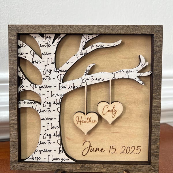 Personalisiertes Paargeschenk, Hochzeitsgeschenk, Jubiläumsgeschenk, Verlobungsgeschenk, Baum mit Herzen, Hochzeitsgeschenk aus Holz, Rustikales Hochzeitsgeschenk