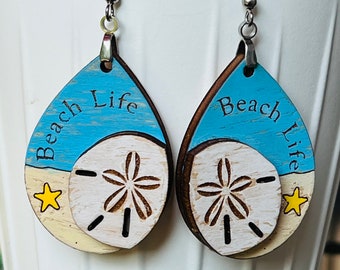 Beach Life earrings, Sand dollar earrings, Summer earrings, Beach lover gift, Laser cut earrings, Wood earrings