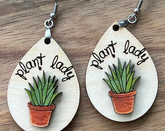Plant Lady earrings, Crazy plant lady, Plant lover earrings, Wood earrings