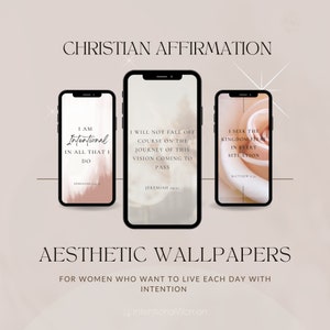 May include: Three phone screen mockups with Christian affirmations and scripture verses. The first phone screen has a pink and white background with the text "I am Intentional in all that I do." The second phone screen has a white background with the text "I will not fall off course on the journey of this vision coming to pass." The third phone screen has a pink rose background with the text "I seek the kingdom first in every situation."