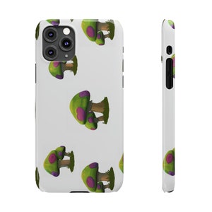 May include: A white iPhone case with a pattern of green and purple mushrooms. The case has a clear back and a black camera cutout.