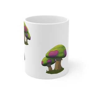 May include: White ceramic mug with a repeating pattern of green mushrooms with purple spots.