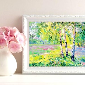 Obraz brzóz Oryginalny obraz Brzozy Krajobraz Osiki Malowanie Teksturowany Impasto Krajobraz Leśny autorstwa LeisanArt