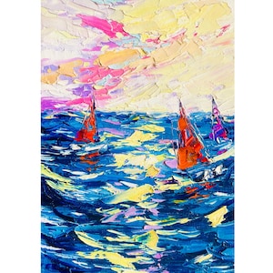 Pintura de veleiro, paisagem marinha, impasto, pintura texturizada, ondas do mar, óleo original, pequena obra de arte, 5 por 7 polegadas