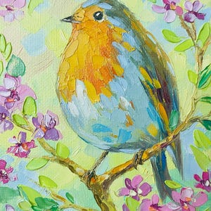 Robin Painting Bird On Branch Art Spring Bird Oil Painting Floral Nature Art Colorful Bird Decor Original Bird Artwork Impressionist