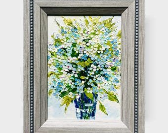 White Floral Bouquet Oil Painting Original Art Framed 5x7 Canvas Panel Textured Flower Painting
