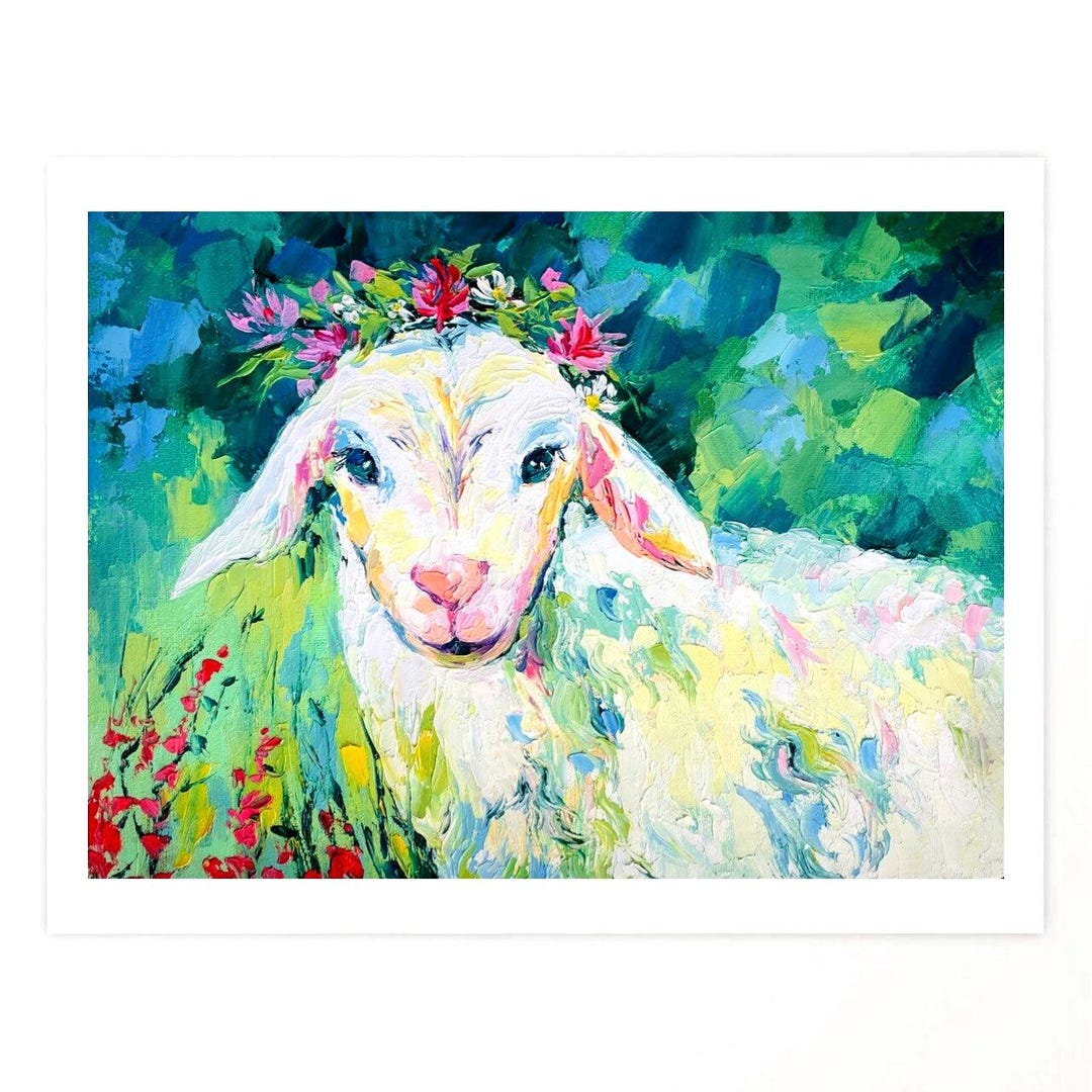 羊の絵画 オリジナル絵画 農場の動物の絵画 子羊の絵画 オリジナル