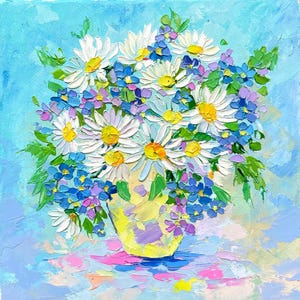 Daisy Flowers Painting Daisy Bouquet Wild Flowers Original Painting Chamomile Painting Blue Flowers Home decor Impasto Painting by LeisanArt