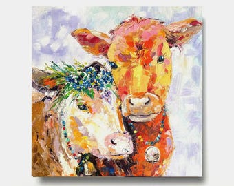 Oryginalny obraz krowy w stylu impasto, przedstawiający zwierzęta gospodarskie (12x12)