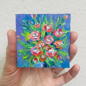 Original Peony Oil Painting Impasto Floral Small Wall Art (3x3 inches)