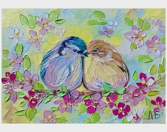 Birds Painting Original 5x7 Impasto Oil Painting Romantic Bird Art Couple Birds Artwork Textured Floral Painting  Gift for Couple