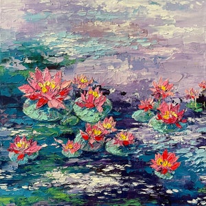 Water Lilies Painting Lotus Original Art Impasto Pond Painting Floral Wall Art by LeisanArt