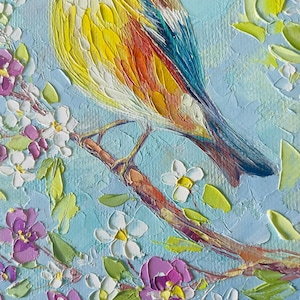 Robin Bird Painting On Branch Art Spring Bird Oil Painting Floral Nature Art Colorful Bird Decor Original Bird Artwork