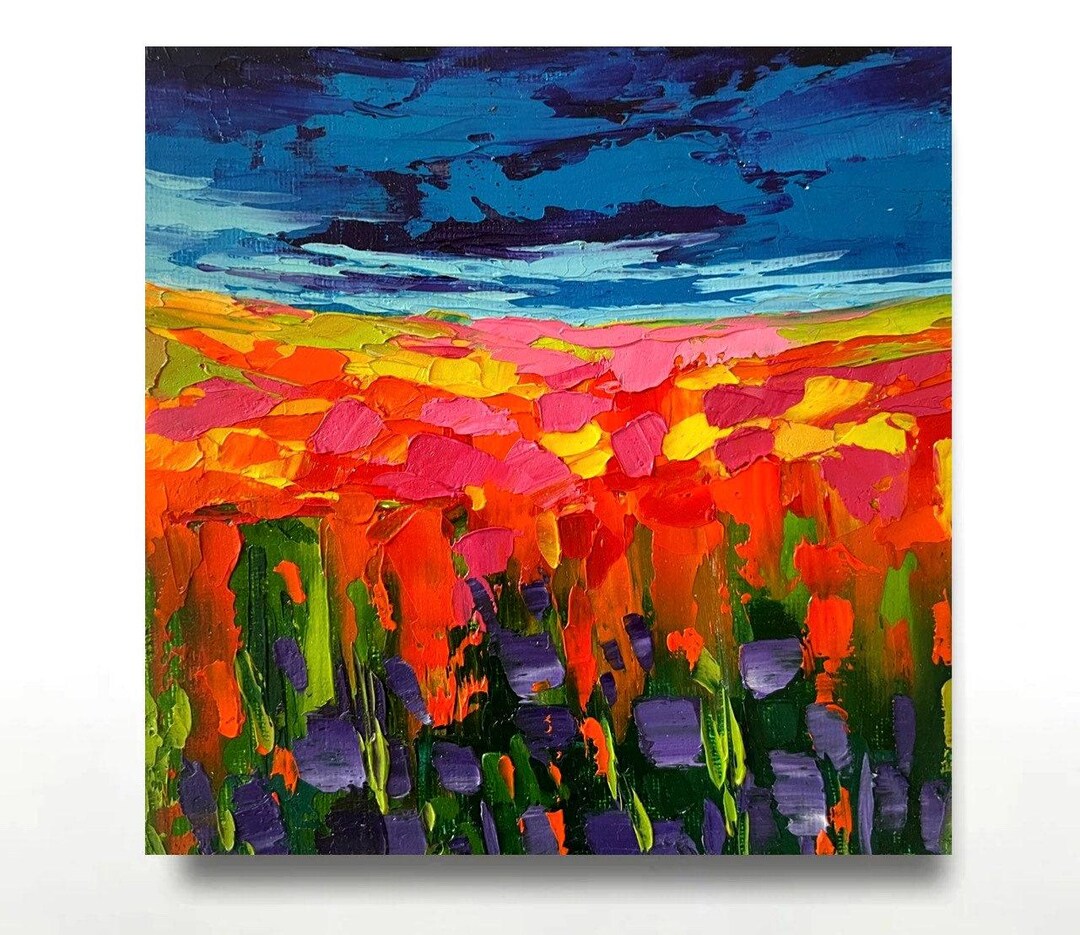 Poppy Field Impasto Painting: Original Floral Landscape Art (6x6) - Etsy