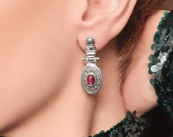 Handmade Byzantine style silver earrings with gemstone, sterling silver 925