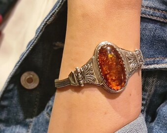 Bracelet fait main d'ambre de style byzantin en argent sterling 925