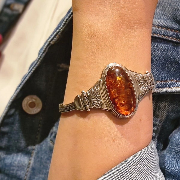 Bracelet fait main d'ambre de style byzantin en argent sterling 925