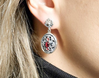 Byzantine style garnet earrings in sterling silver 925